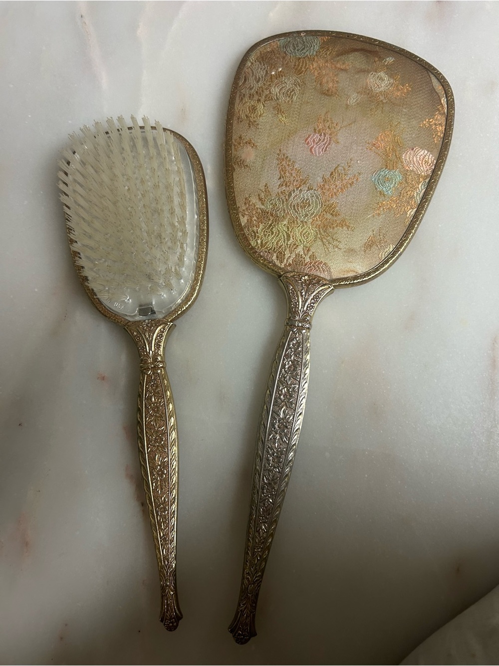 Vintage-Style Gold Hand Mirror and Hair Brush Set